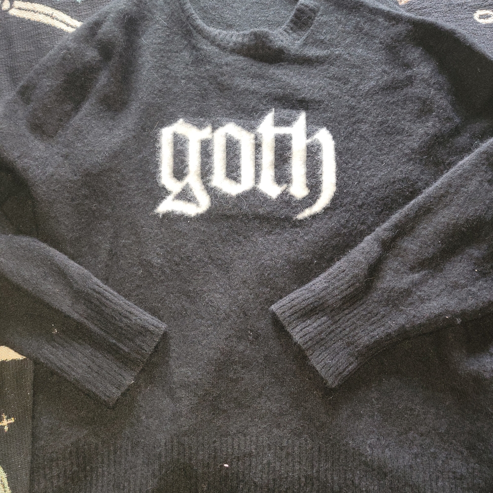 All Saints Black Sweater with White Goth Print